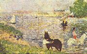 Georges Seurat Weibes und schwarzes Pferd im Flub oil painting